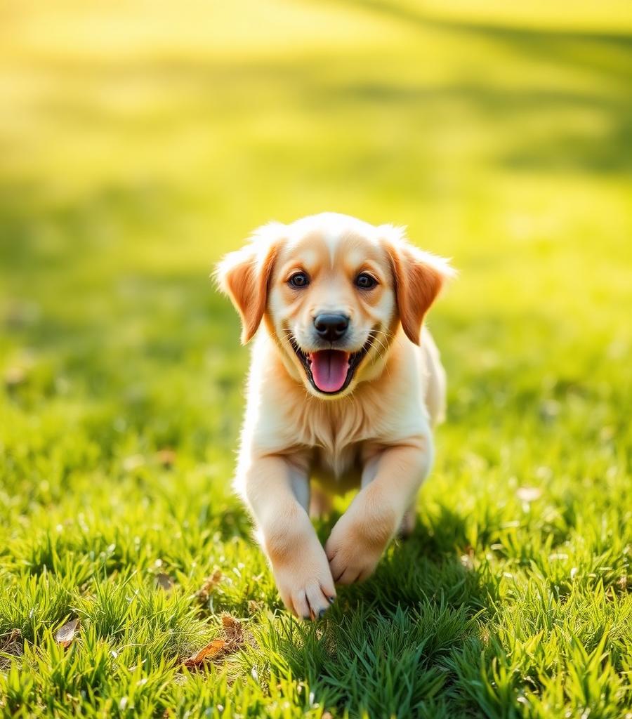 Golden retriever puppy running on grass