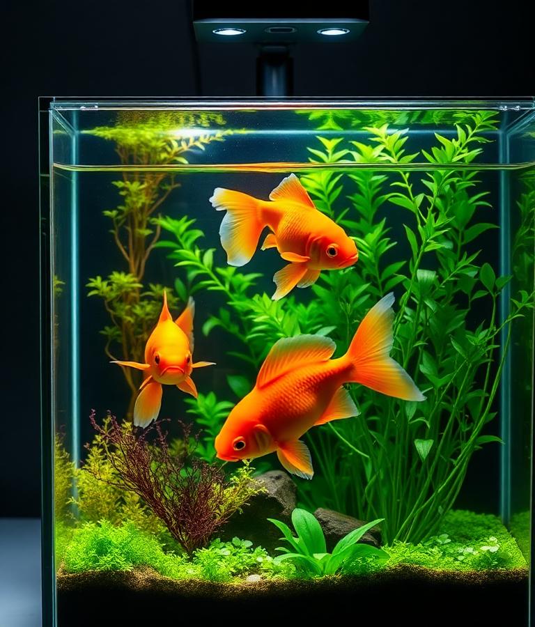 Planted home aquarium with goldfish